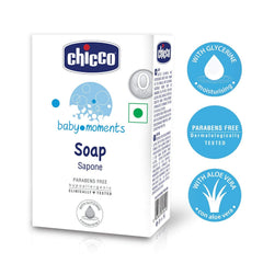 Chicco Baby Moments Soap bar package highlights travel-friendly 75g size for easy care.