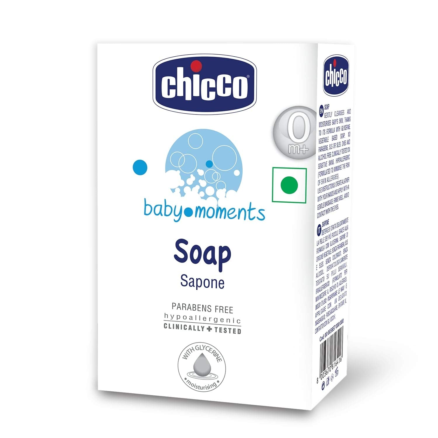 Chicco Baby Moments Soap bar wrapped for gentle cleansing of a baby's delicate skin.