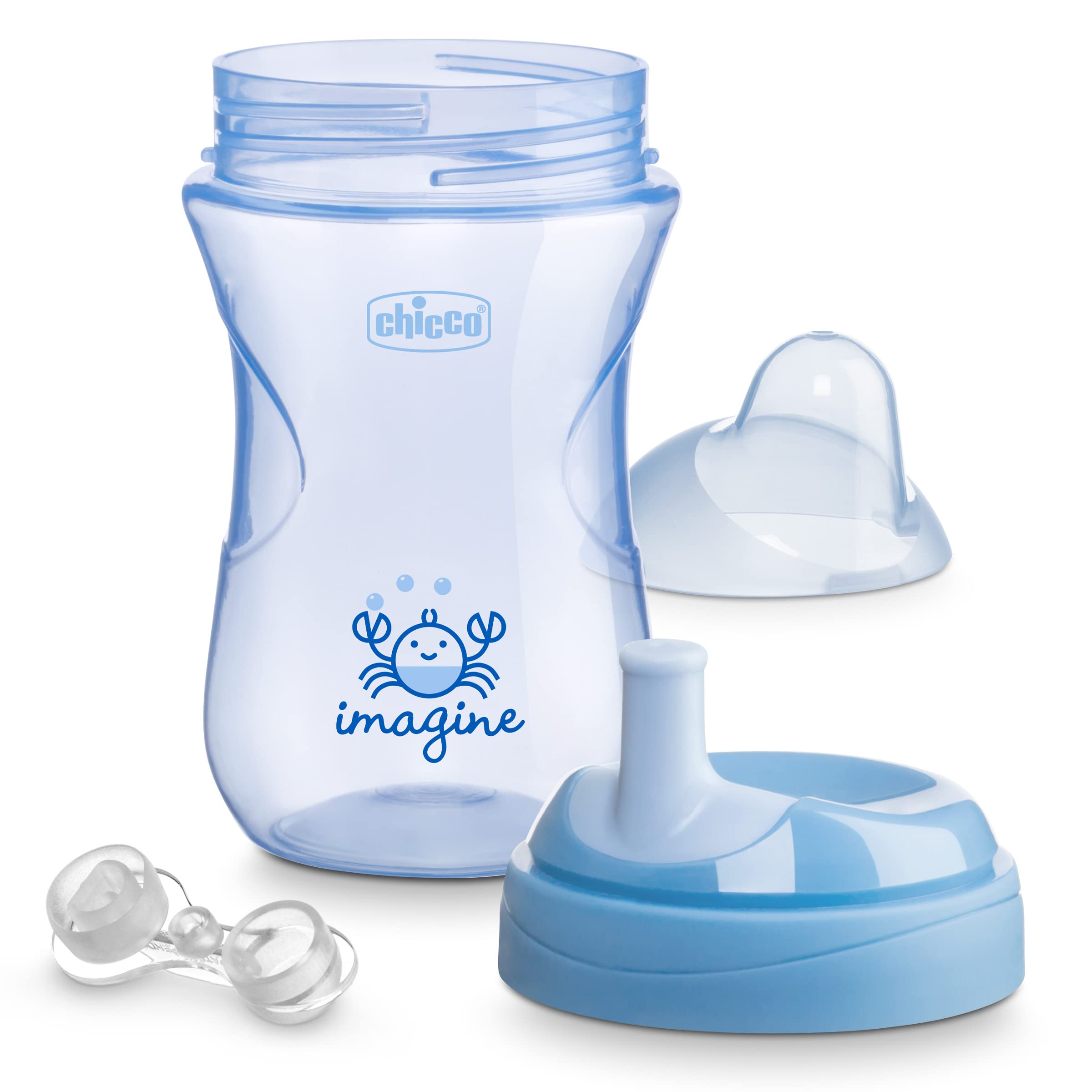 Chicco Sport Spout Trainer interchangeable tops illustrate color-matching options.