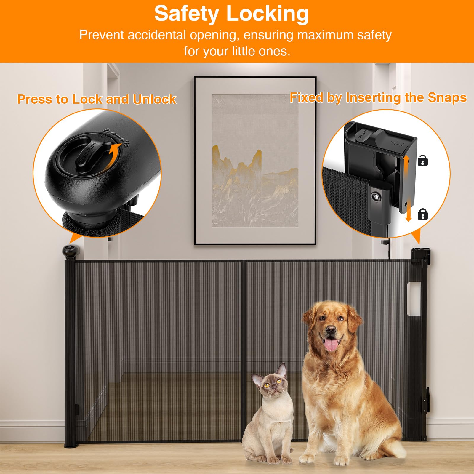 CHICLUX upgraded 200in retractable gate black-mesh design complements decor while containing kids and pets