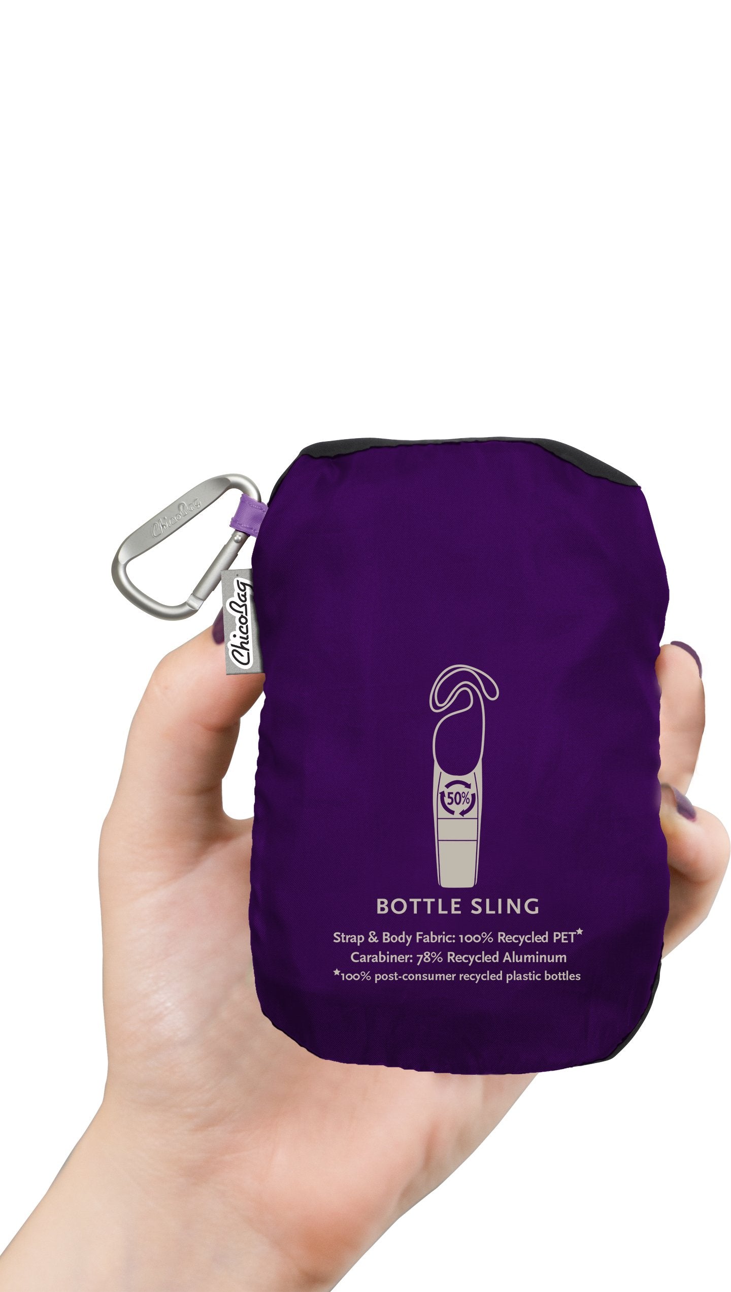 ChicoBag Bottle Sling rePETe Amethyst carabiner clip enables hands-free carry in travel