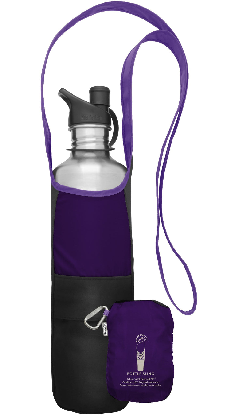 ChicoBag Bottle Sling rePETe Amethyst close-up with carabiner for easy clipping
