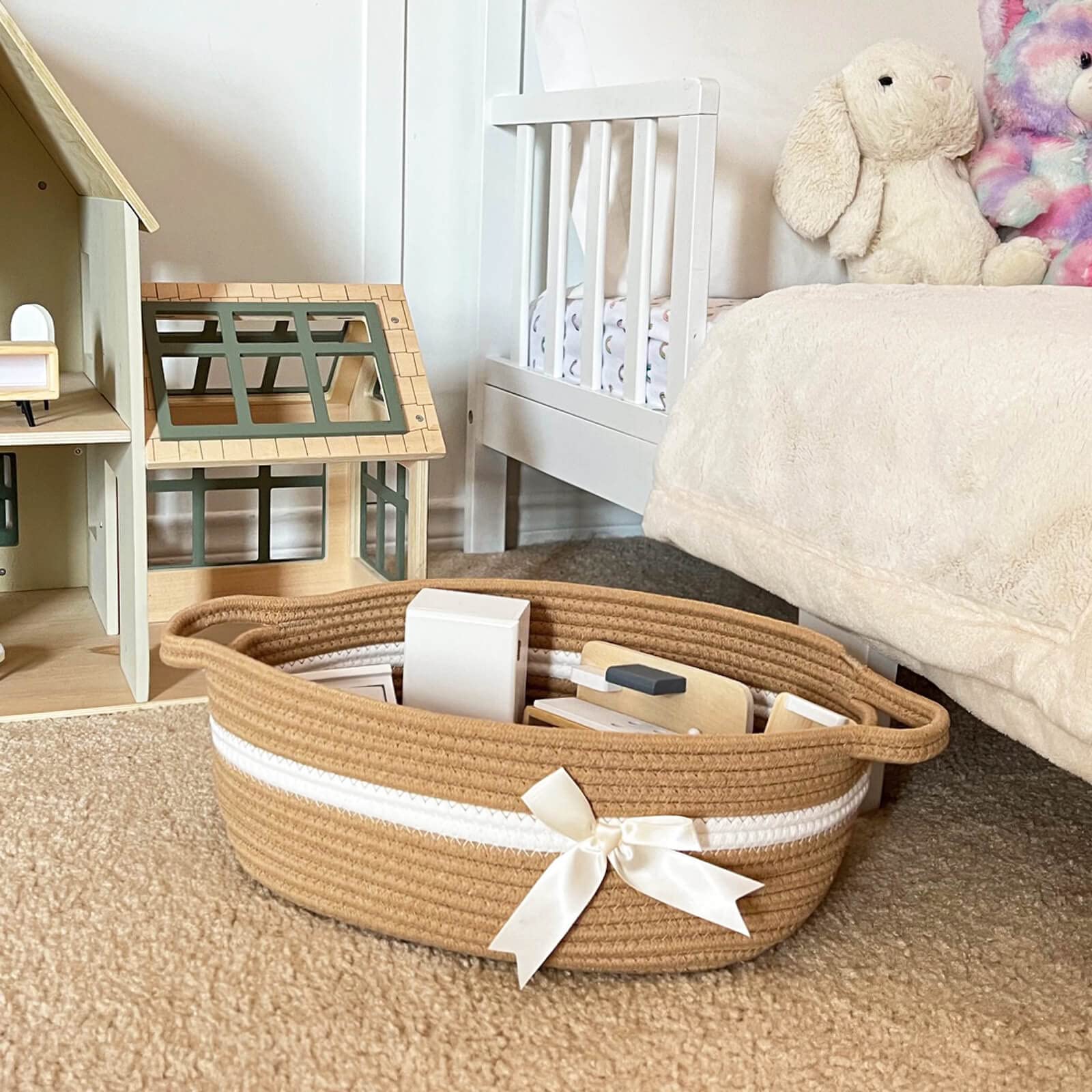CHICVITA baby towel storage basket keeps nursery towels within easy reach.