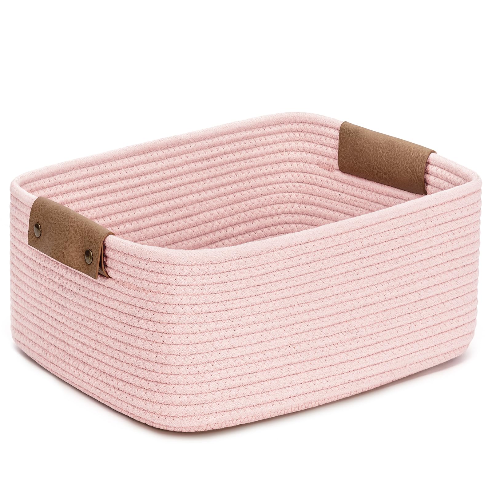 CHICVITA pink storage basket with leather handles for stylish organization.