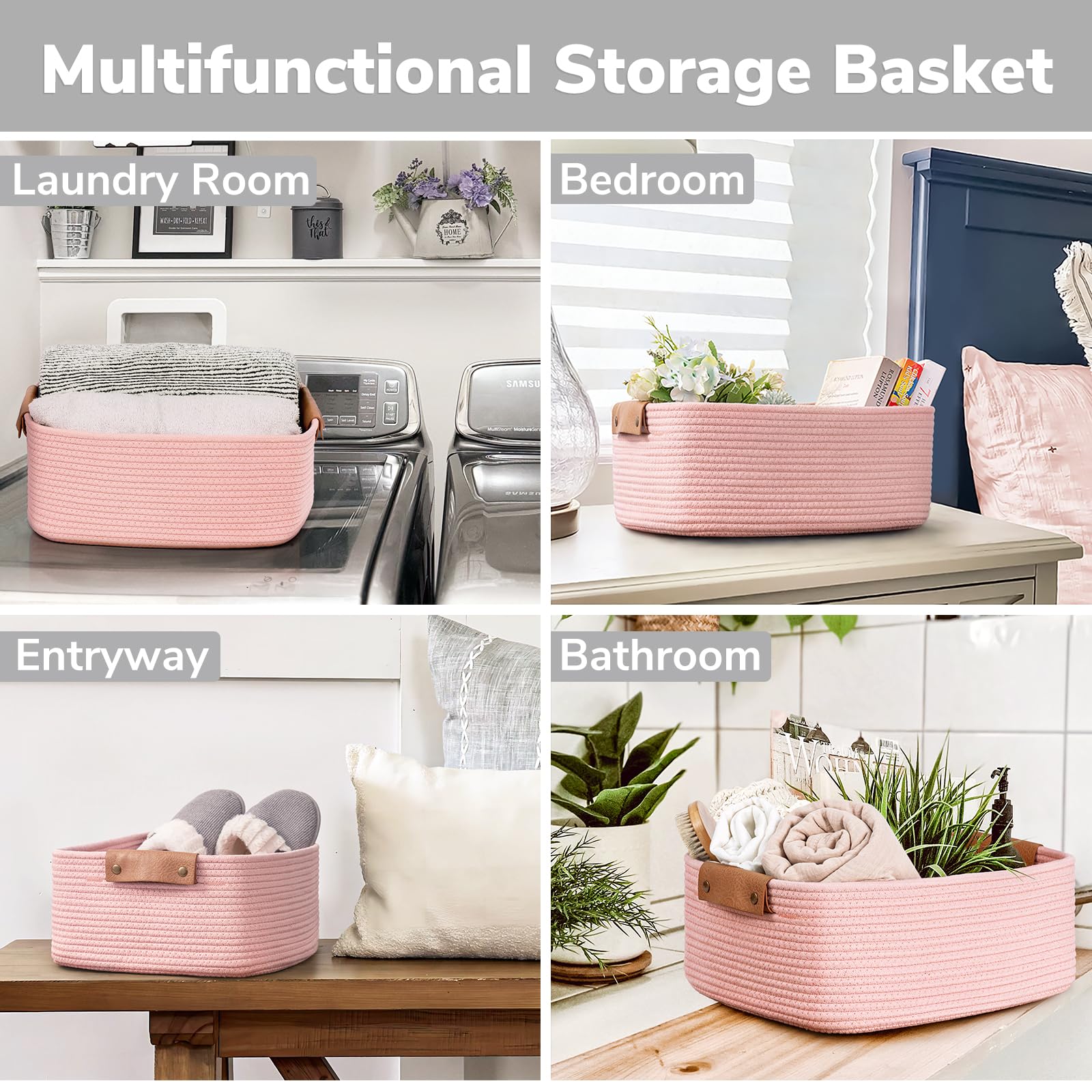 CHICVITA pink storage basket in a living room for blankets and magazines.