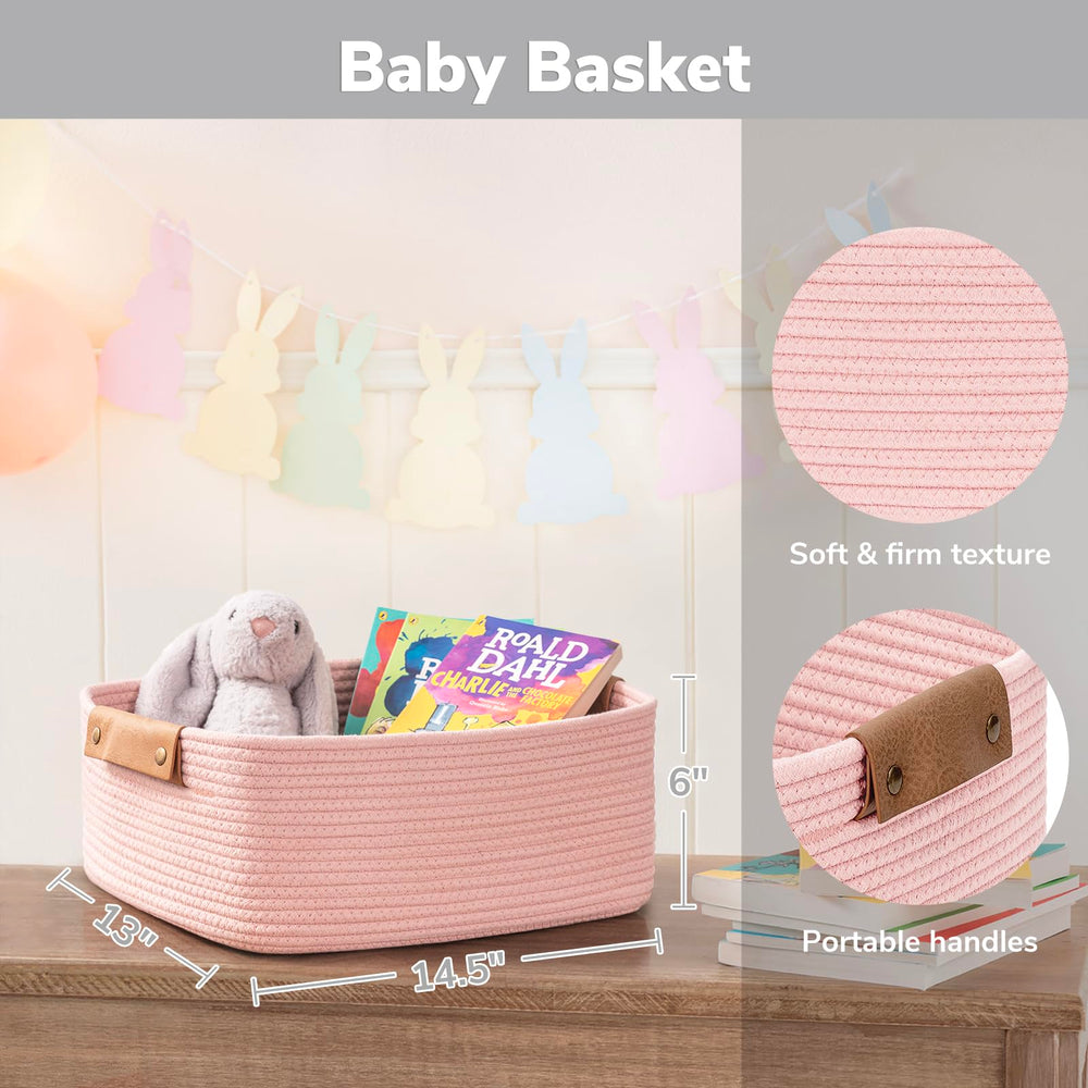 CHICVITA pink storage basket contains towels in a bathroom setup.