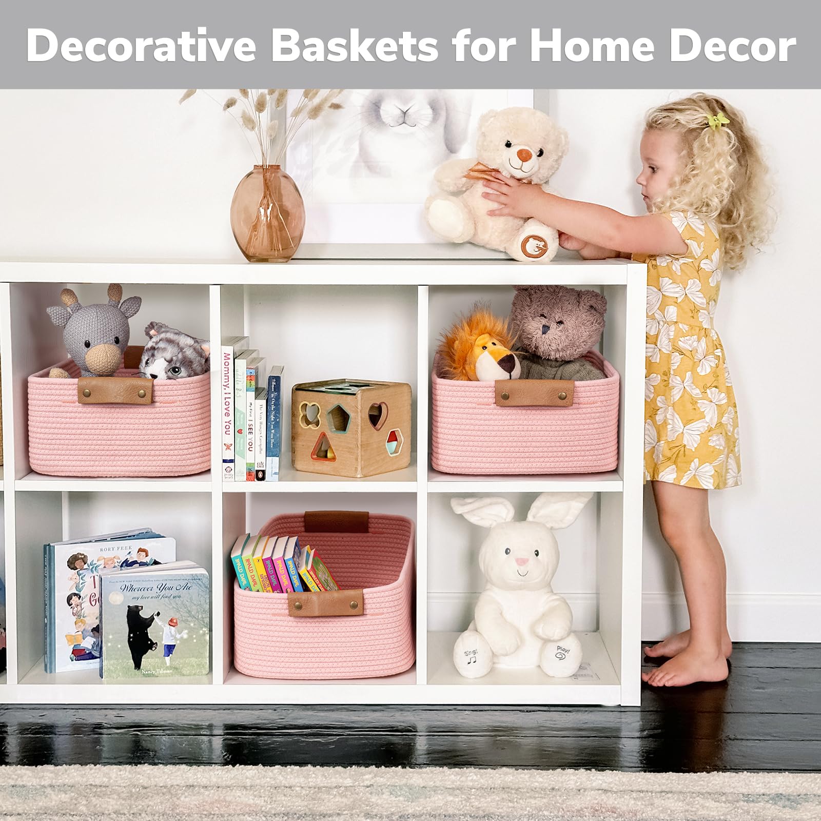CHICVITA pink storage basket used as a toy organizer in a playroom.