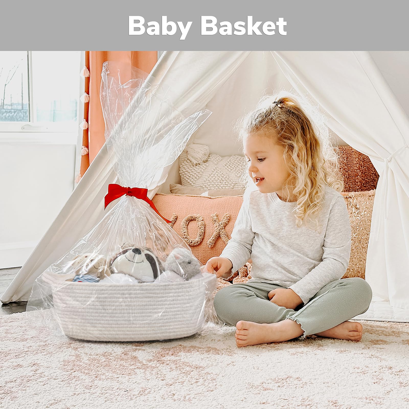 CHICVITA storage basket living room decor adds soft, neutral style to shelves.