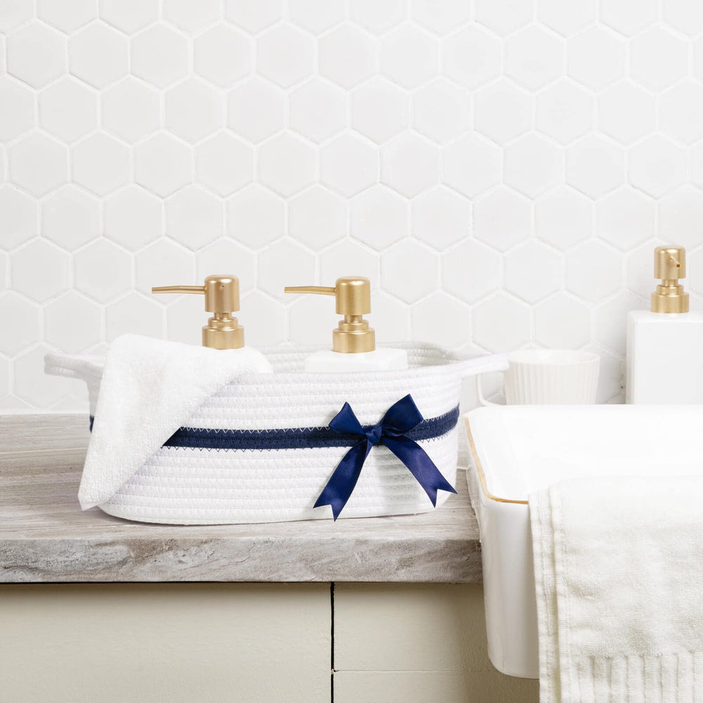 CHICVITA White Small Basket bathroom-organizer keeps toiletries tidy on countertops.