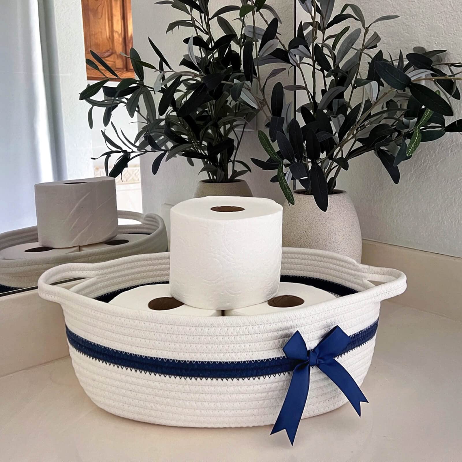 CHICVITA White Small Basket double-handles portable for easy carrying.