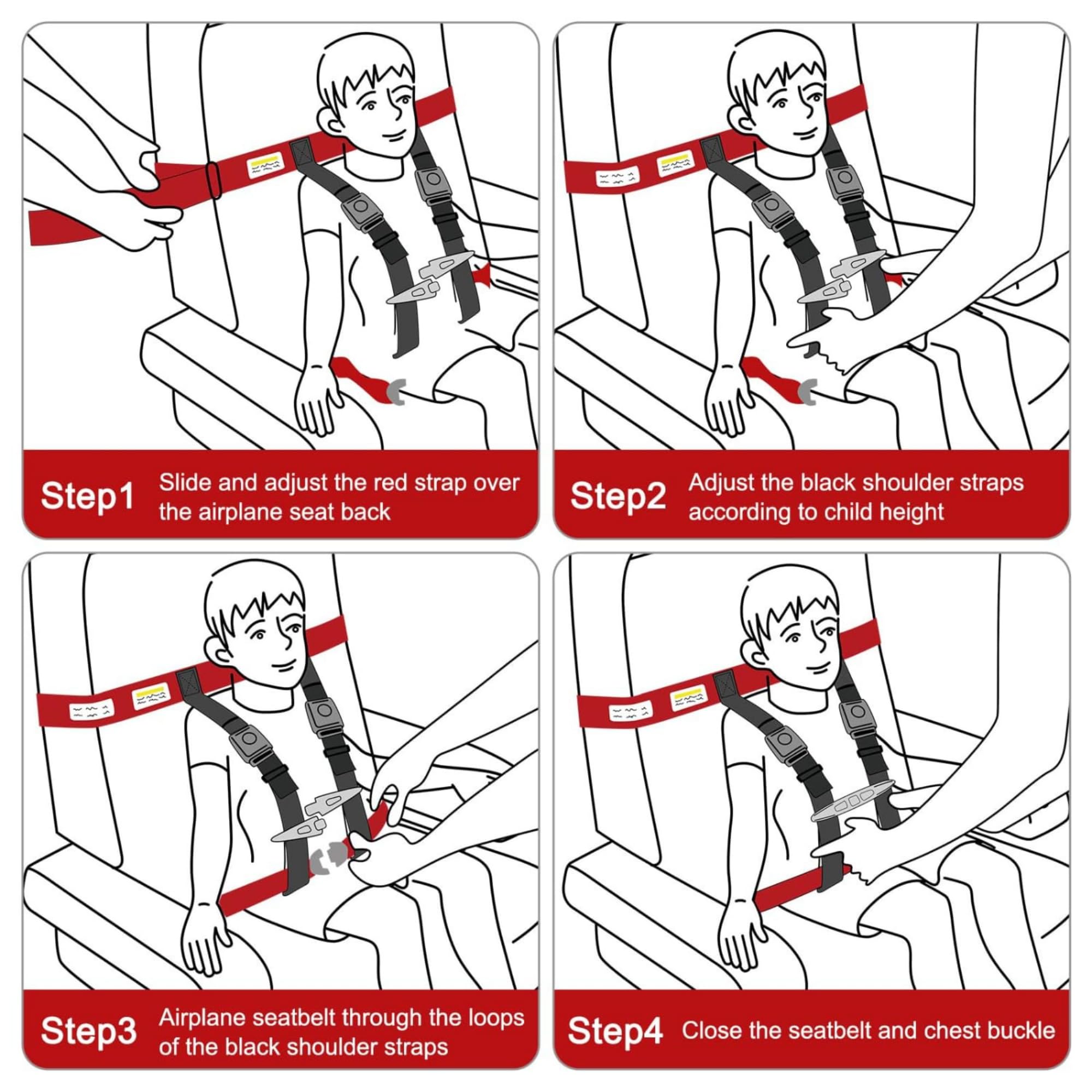Child Airplane Travel Harness easy-installation highlights tool-free setup before takeoff.