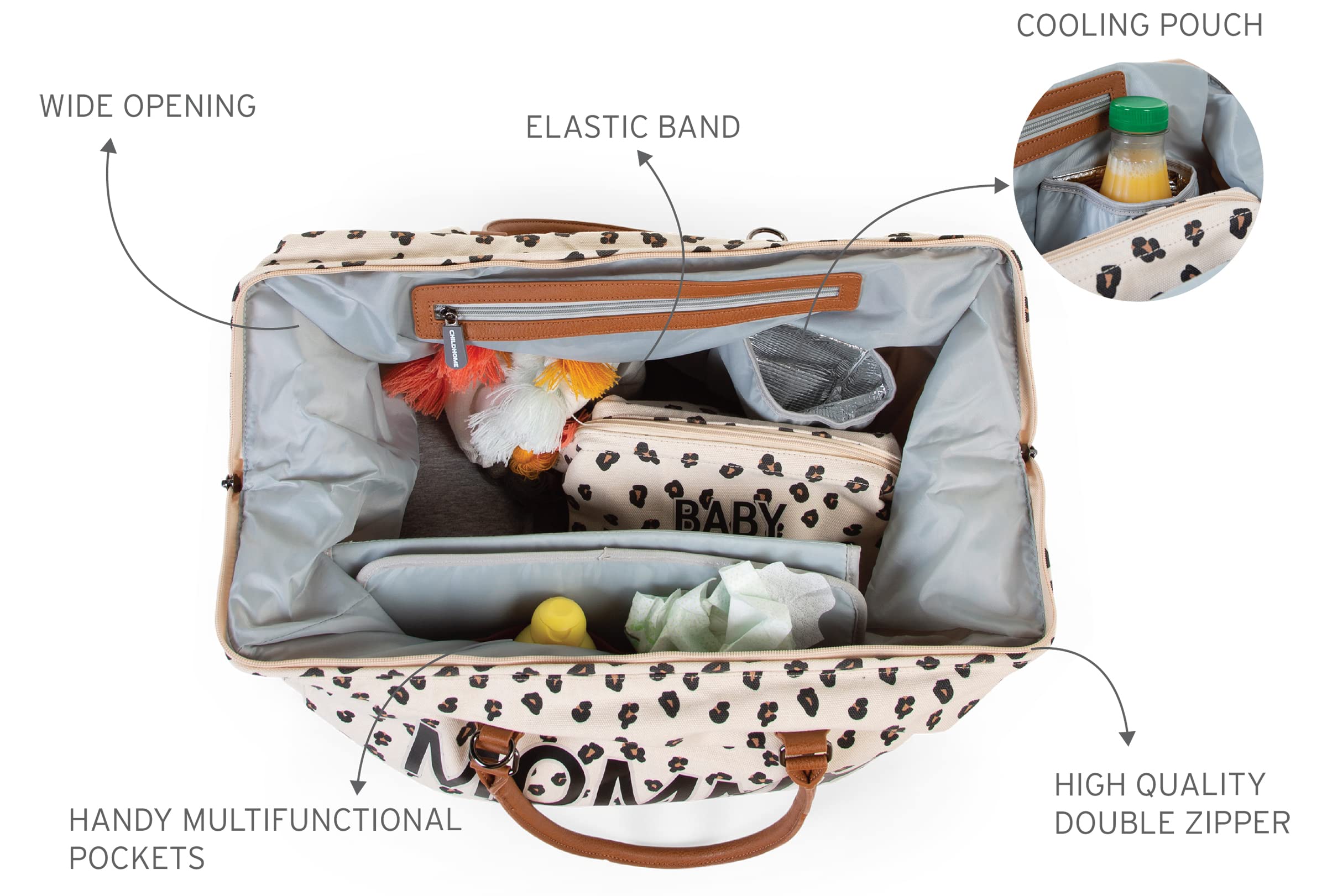 Childhome Mommy Bag Canvas Leopard includes changing mat for on-the-go diaper changes.
