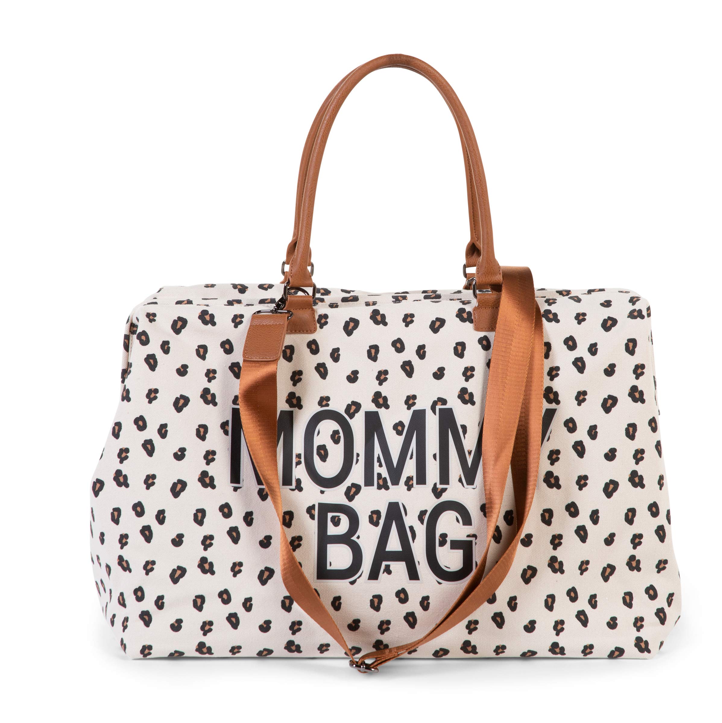 Childhome Mommy Bag Canvas Leopard front pocket for quick keys and phone access.