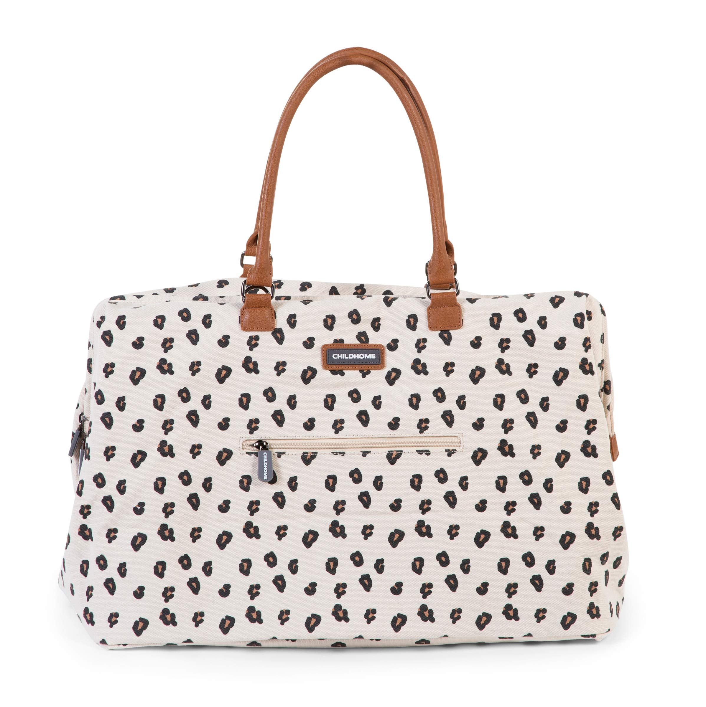 Childhome Mommy Bag Canvas Leopard interior organization with pockets keeps bottles and wipes organized.
