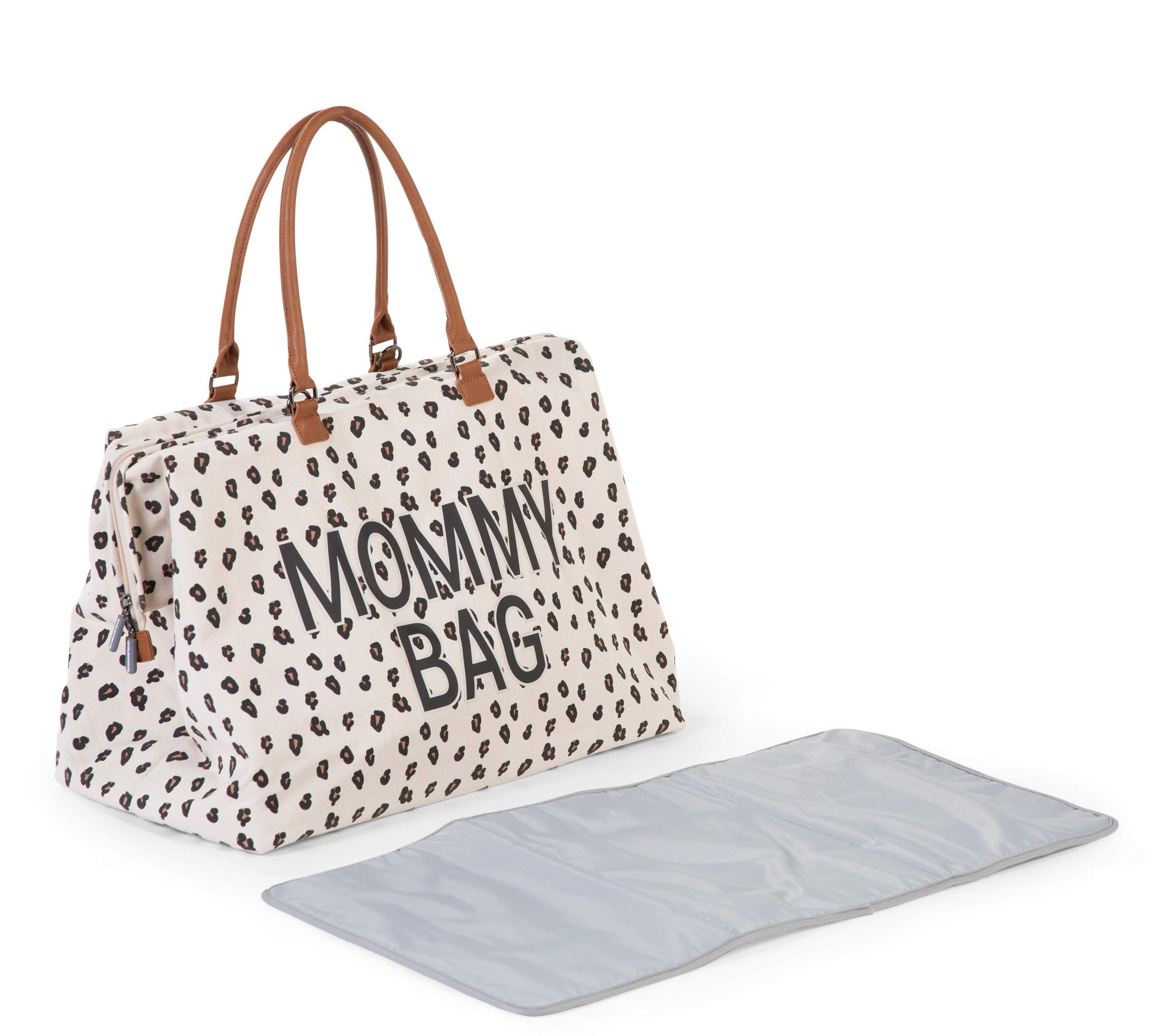 Childhome Mommy Bag Canvas Leopard insulated bottle pocket keeps feeds warm.