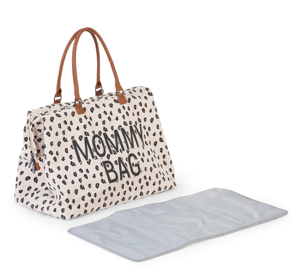 Childhome Mommy Bag Canvas Leopard insulated bottle pocket keeps feeds warm.