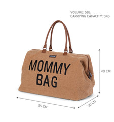Childhome Mommy Bag Teddy Brown interior compartments keep bottles and wipes neatly.