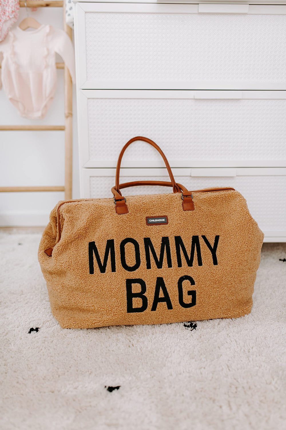 Childhome Mommy Bag Teddy Brown textured material complements outfits and styling.