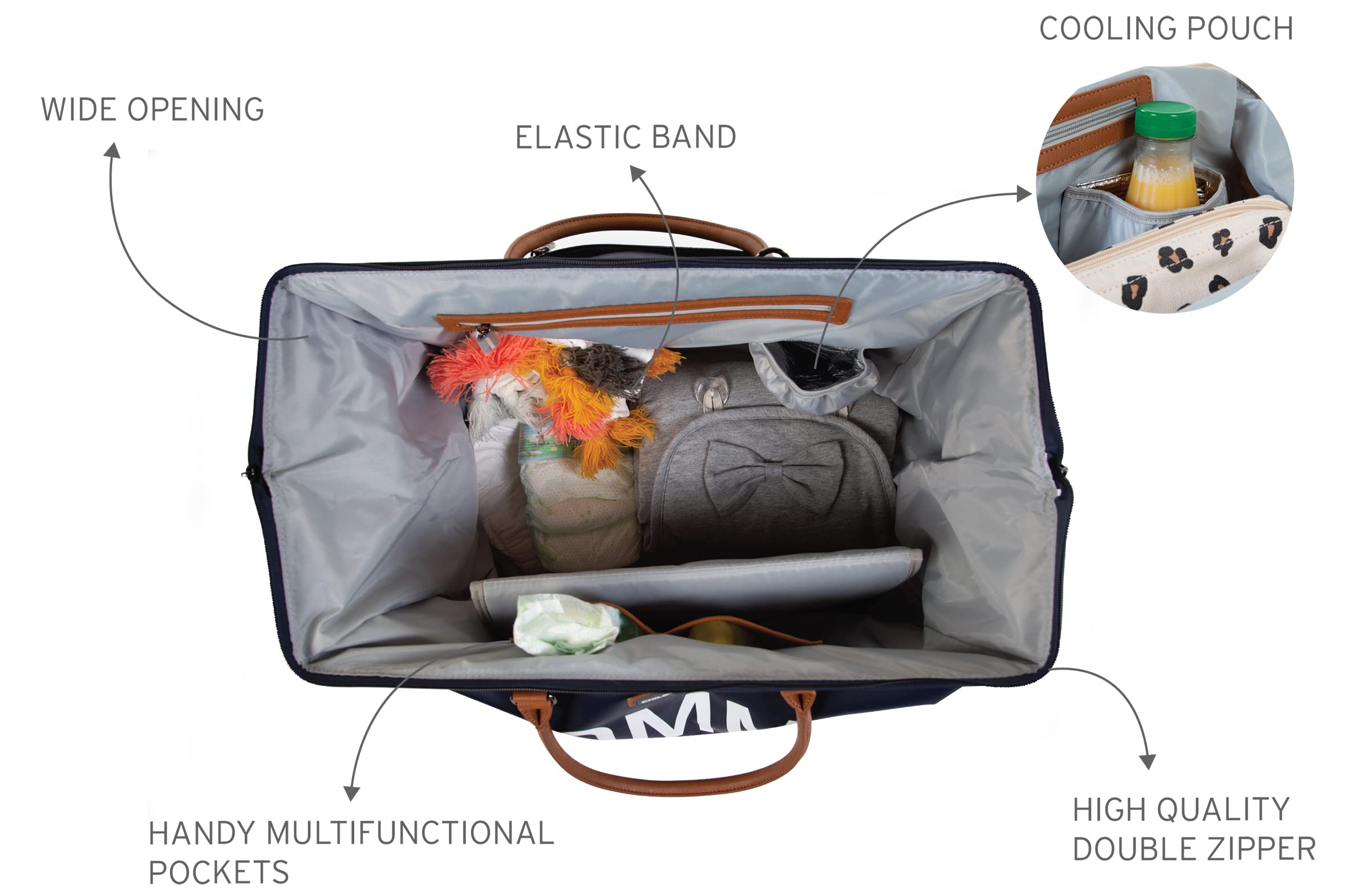 Childhome Navy Large Diaper Bag luggage sleeve secures bag to rolling suitcase for travel.