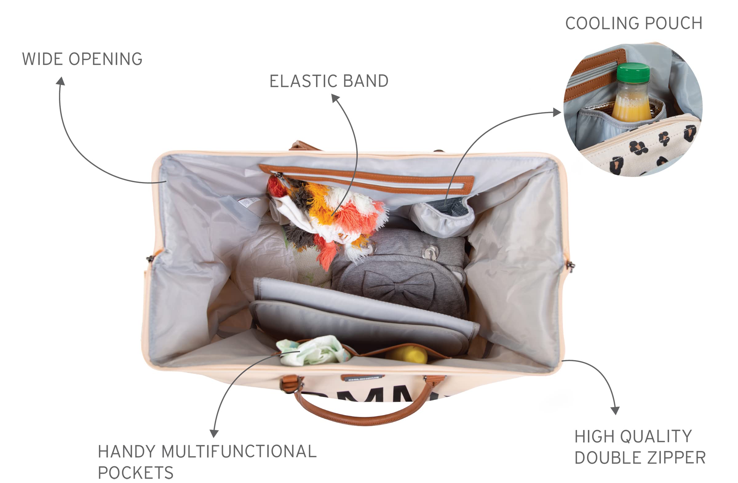 Childhome Original Mommy Diaper Bag insulated bottle pocket in action for feeds