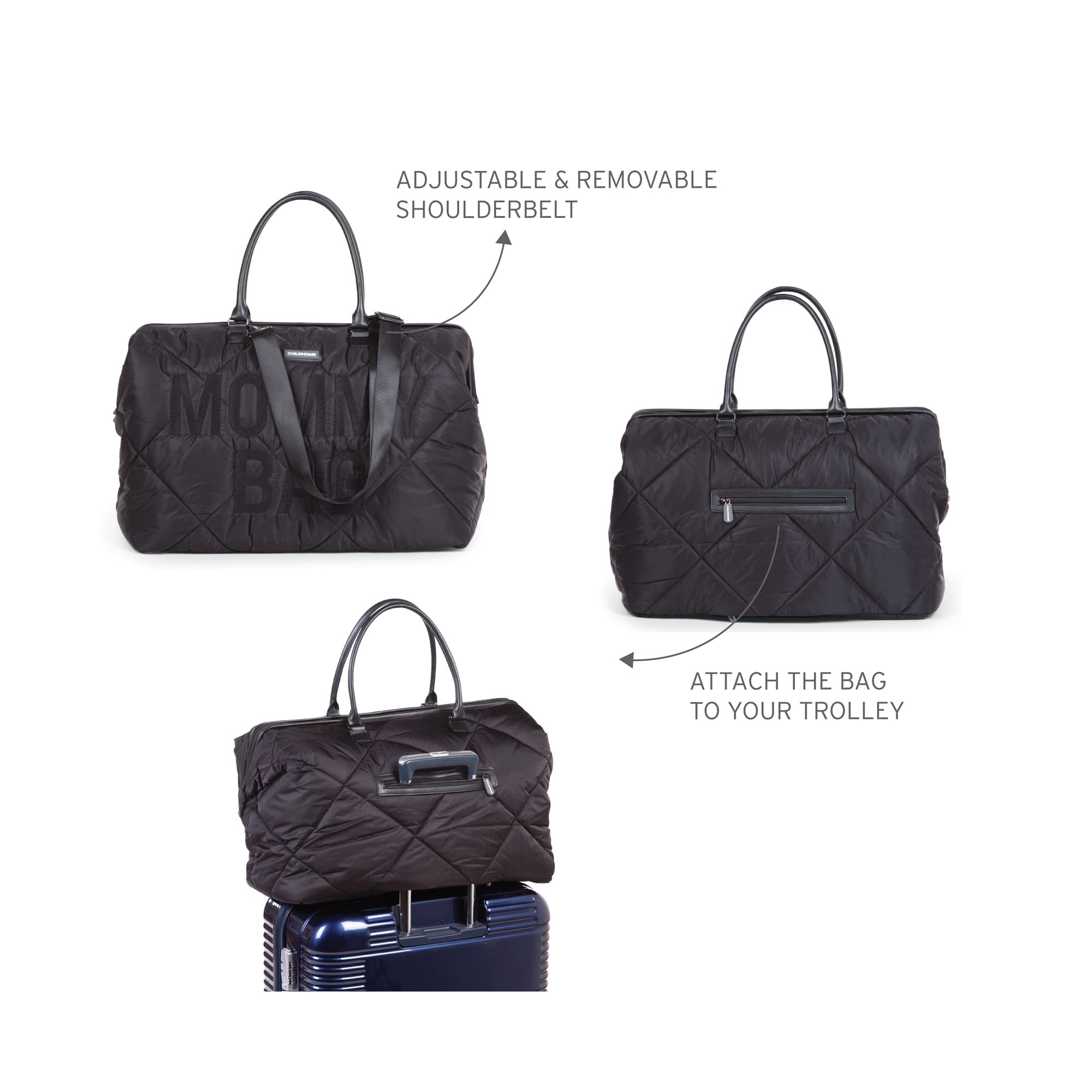 Childhome The Original Mommy Bag interior organizer helps sort diapers, wipes, and bottles.