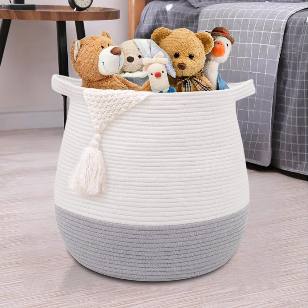 Childishness Ndup large cotton rope basket flat view shows spacious toy and laundry storage
