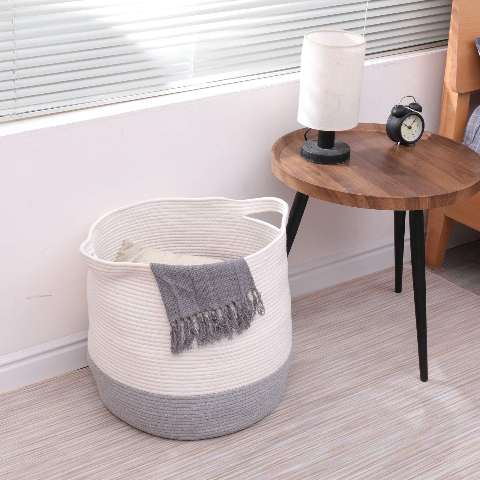 Childishness Ndup large cotton rope basket laundry-storage scene shows practical room-wide organization