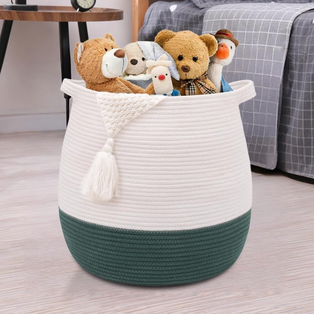 Childishness Ndup large cotton rope basket for toy storage and playroom organization.