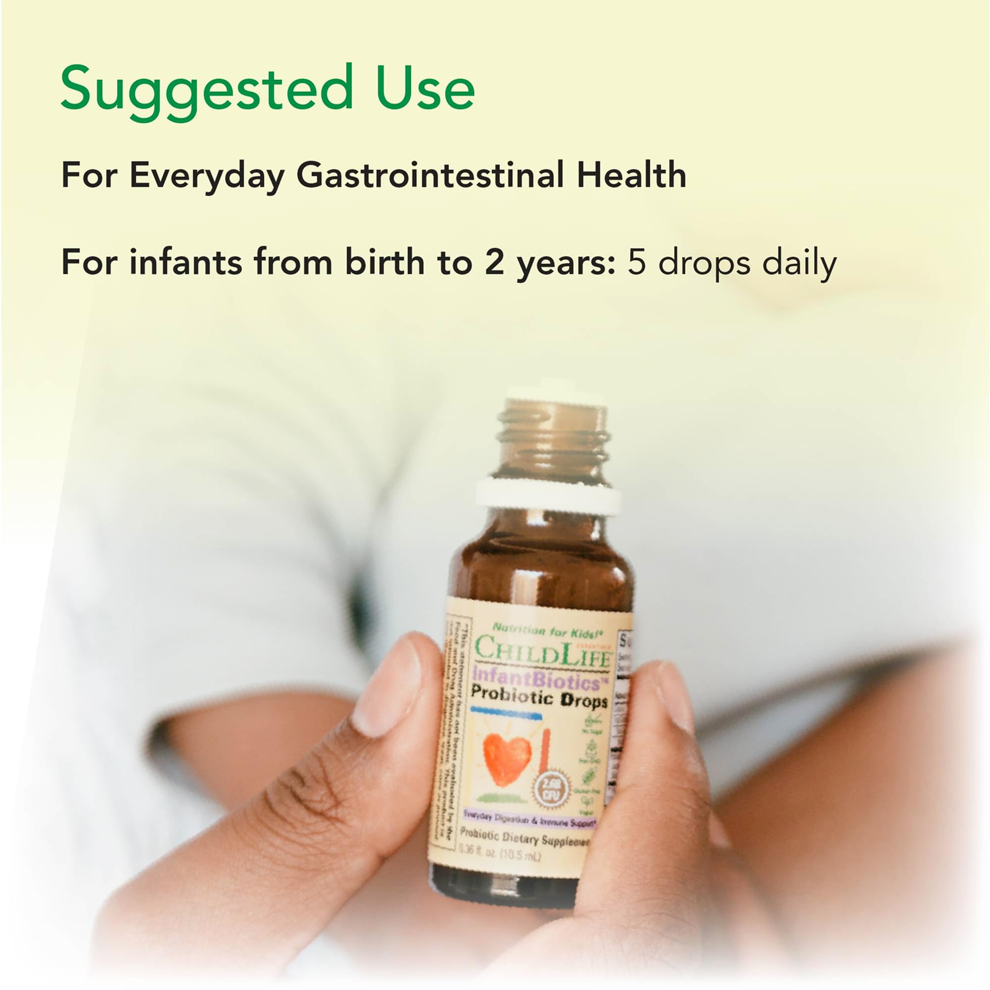 CHILDLIFE ESSENTIALS InfantBiotics drops shown with nighttime routine for gentle digestion