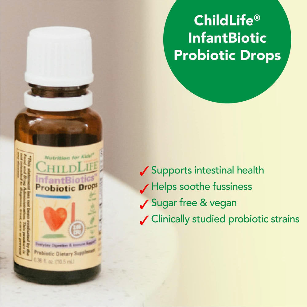 CHILDLIFE ESSENTIALS InfantBiotics pediatrician-approved seal on packaging for trust