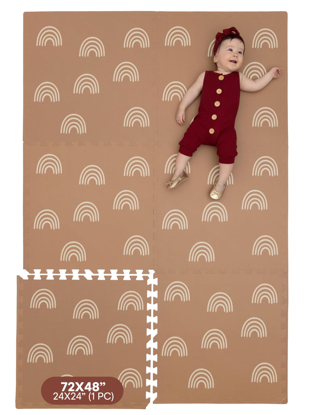 Childlike Behavior baby play mat top view with rainbow tiles, soft surface for tummy time.