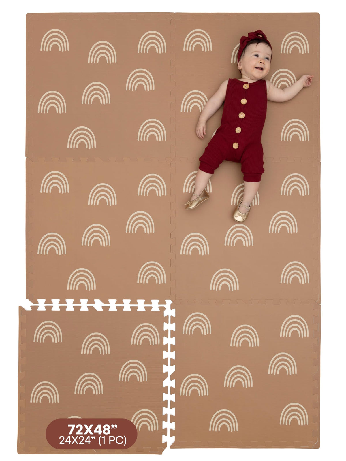 Childlike Behavior baby play mat top view with rainbow tiles, soft surface for tummy time.