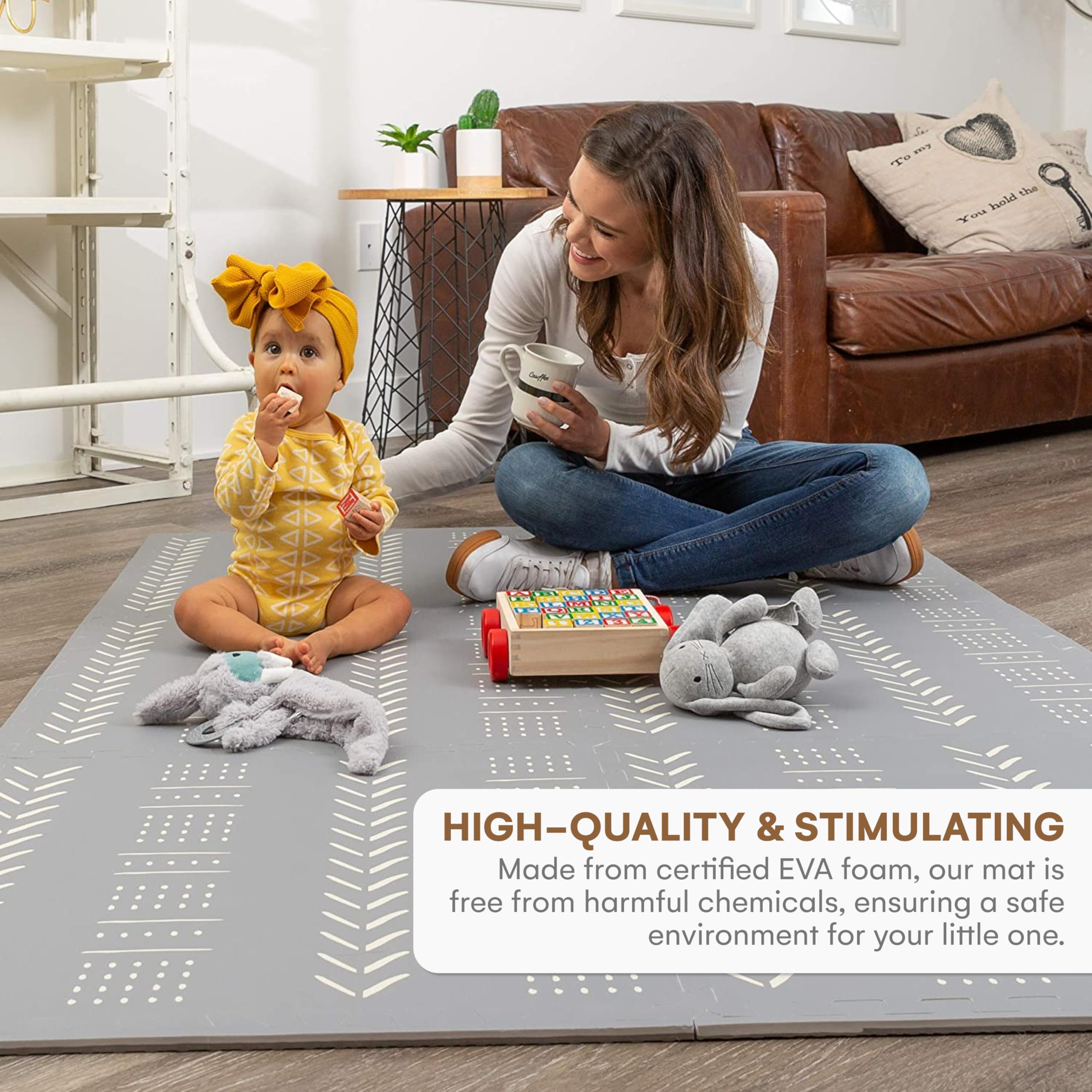 Childlike Behavior crawling space gray mat encourages safe exploration.