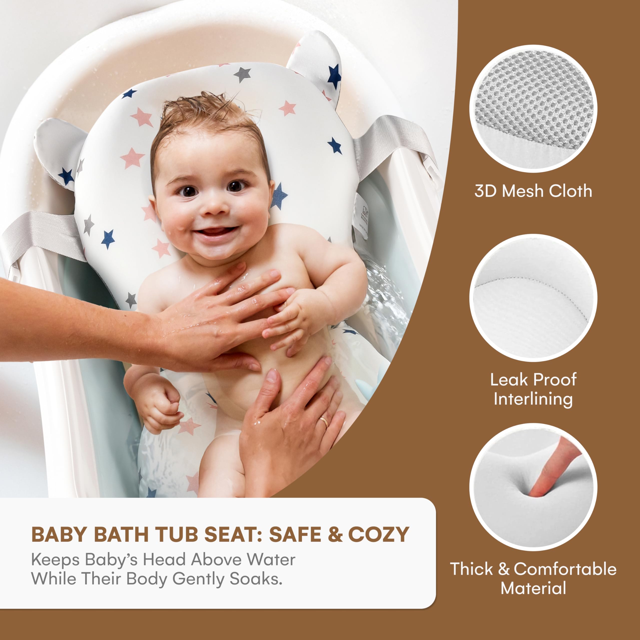 CHILDLIKE BEHAVIOR floating tub pillow safety highlights buoyant comfort for infant baths.