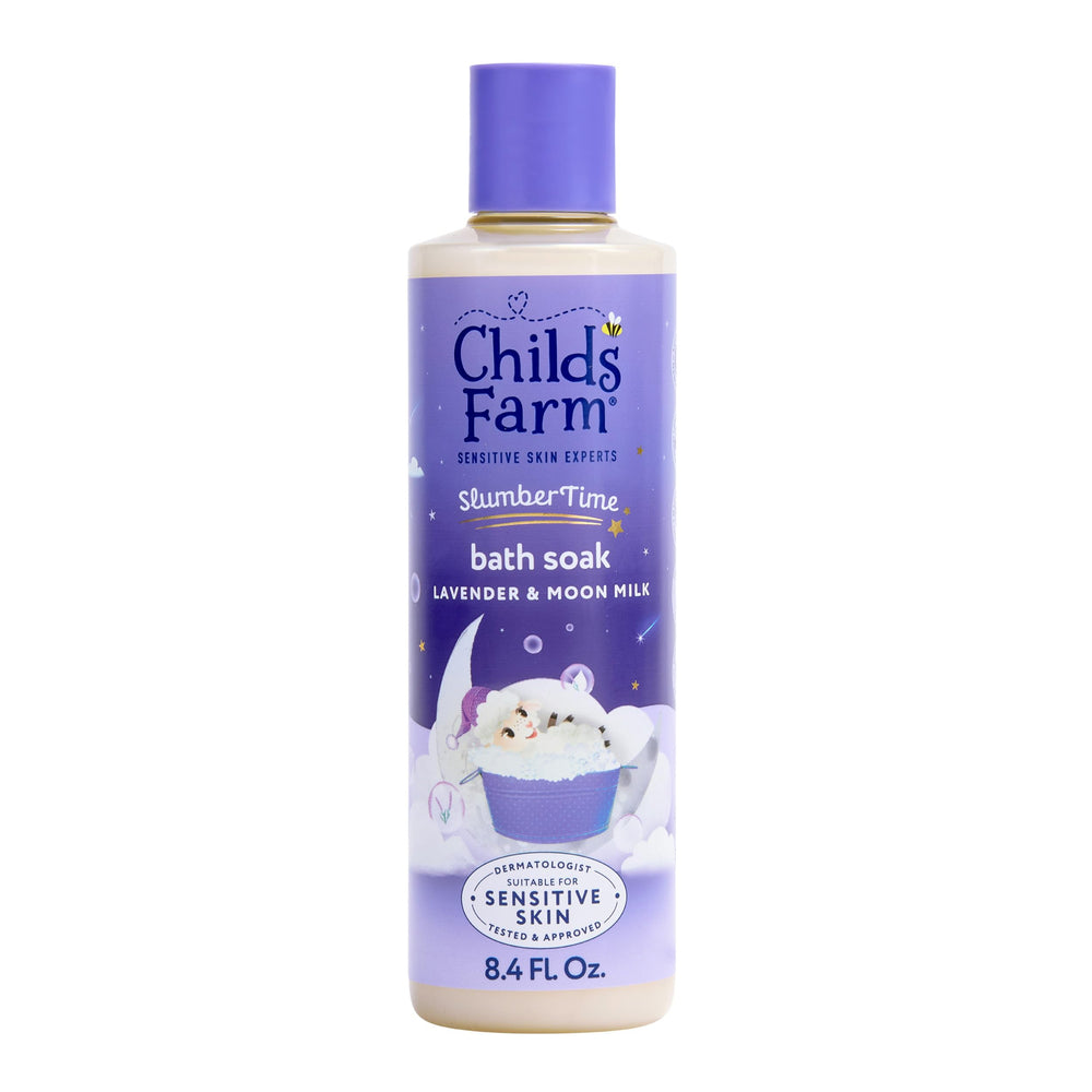 Childs Farm SlumberTime Bath Soak lavender bottle, soothing bedtime ritual for sensitive skin.