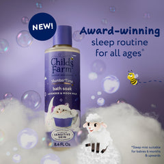 Childs Farm SlumberTime bath soak lavender bubbles closeup, gentle cleansing for delicate skin.