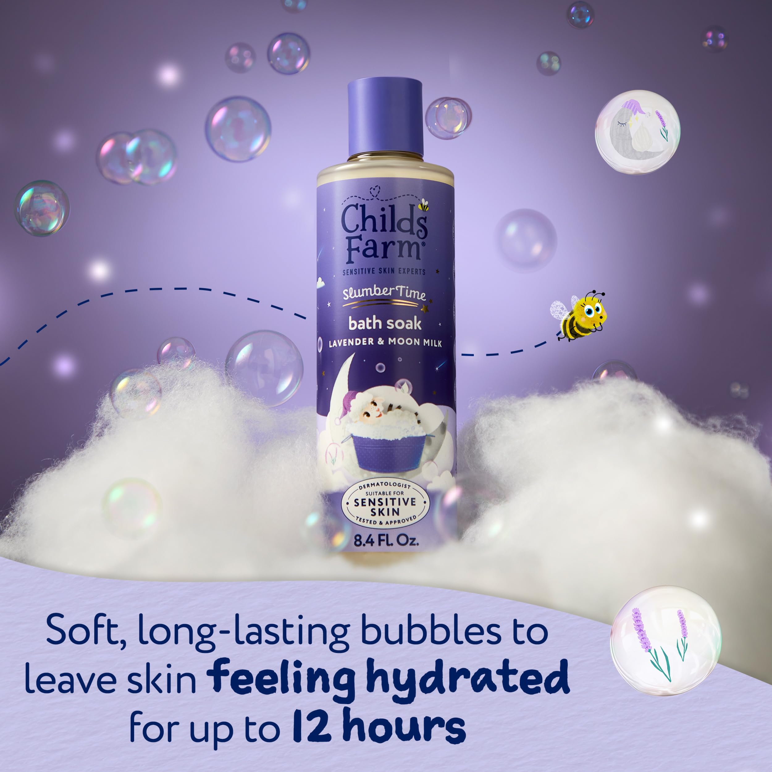 Childs Farm SlumberTime bottle with ingredients label, 95% natural-origin ingredients.