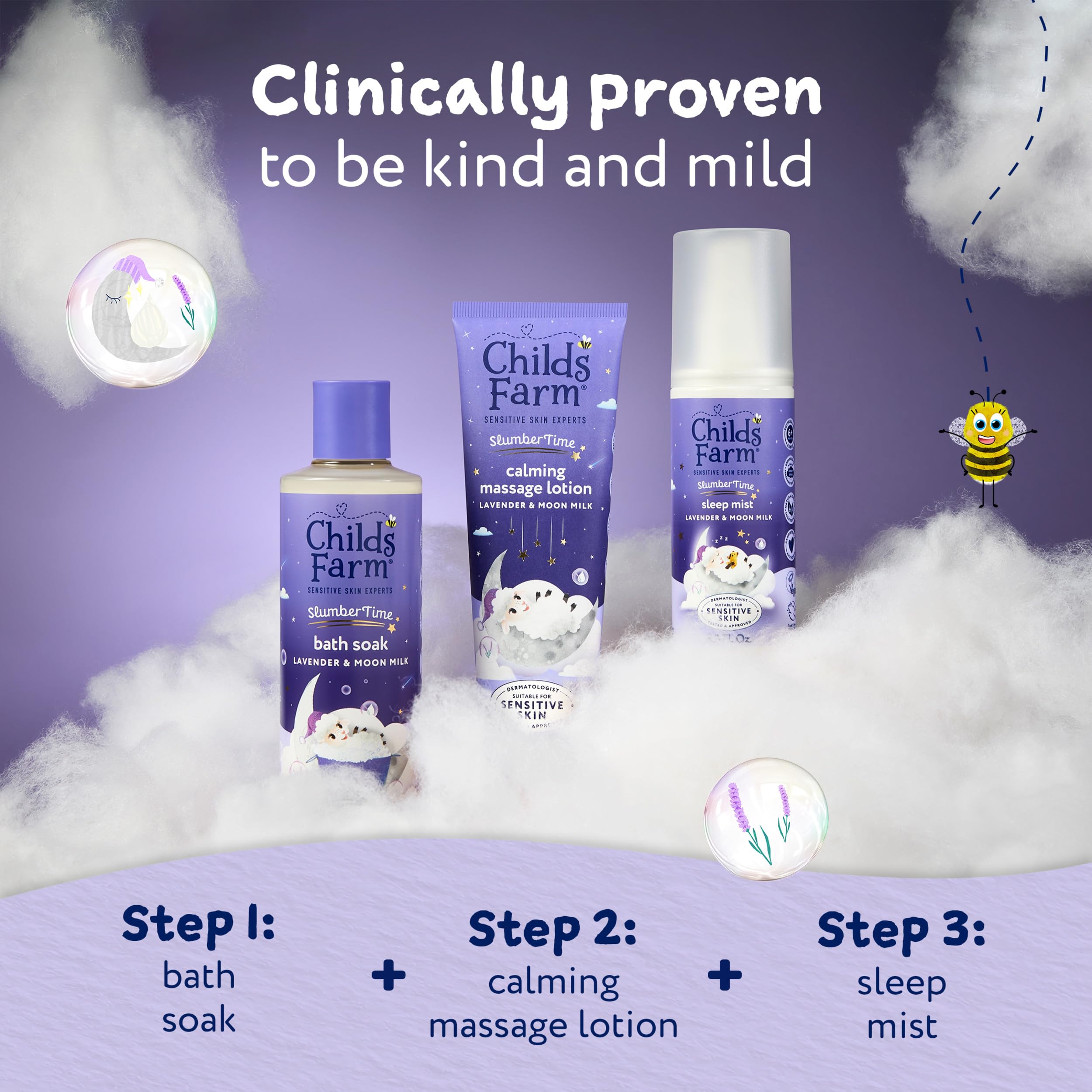 Childs Farm SlumberTime packaging indicates newborns and sensitive skin suitability.