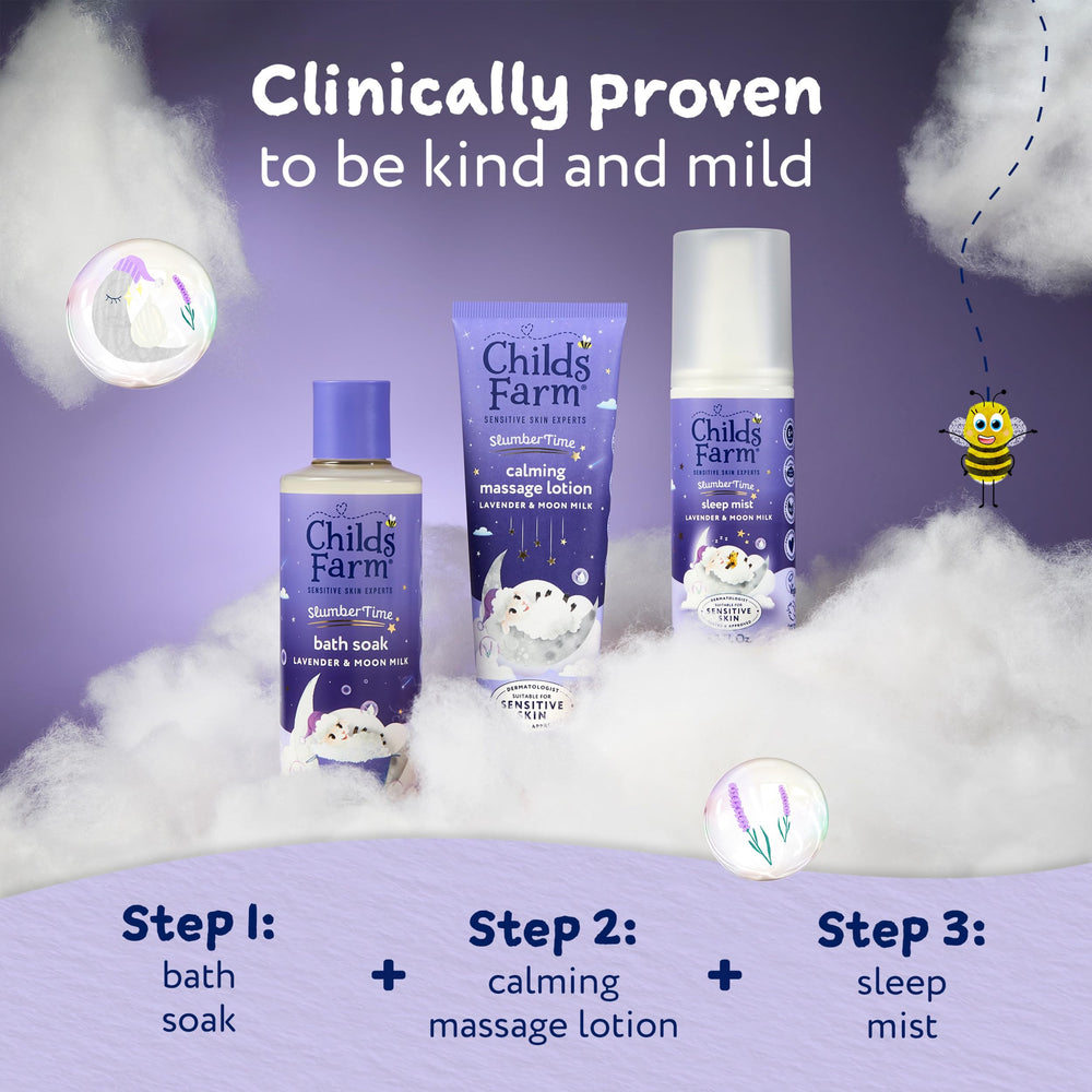 Childs Farm SlumberTime packaging indicates newborns and sensitive skin suitability.