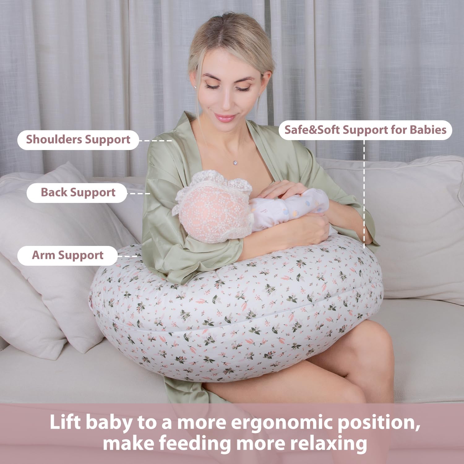 Chilling Home nursing pillow adjustable waist-strap keeps pillow in place during feeding