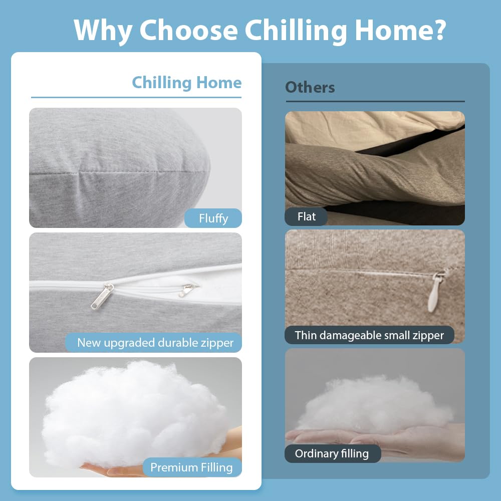 Chilling Home pillow inner fill detail emphasizes soft, high-density polyester for lasting comfort.