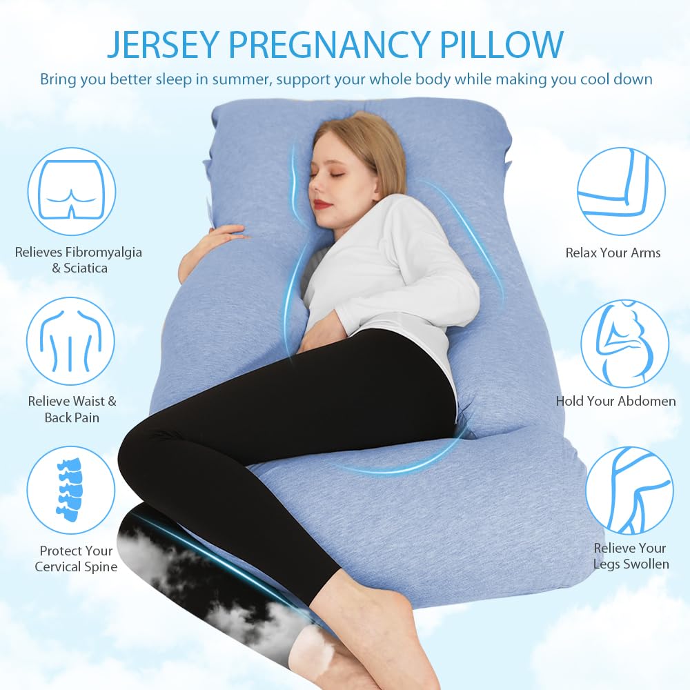 Chilling Home pregnancy pillow with removable blue jersey cover for easy cleaning.