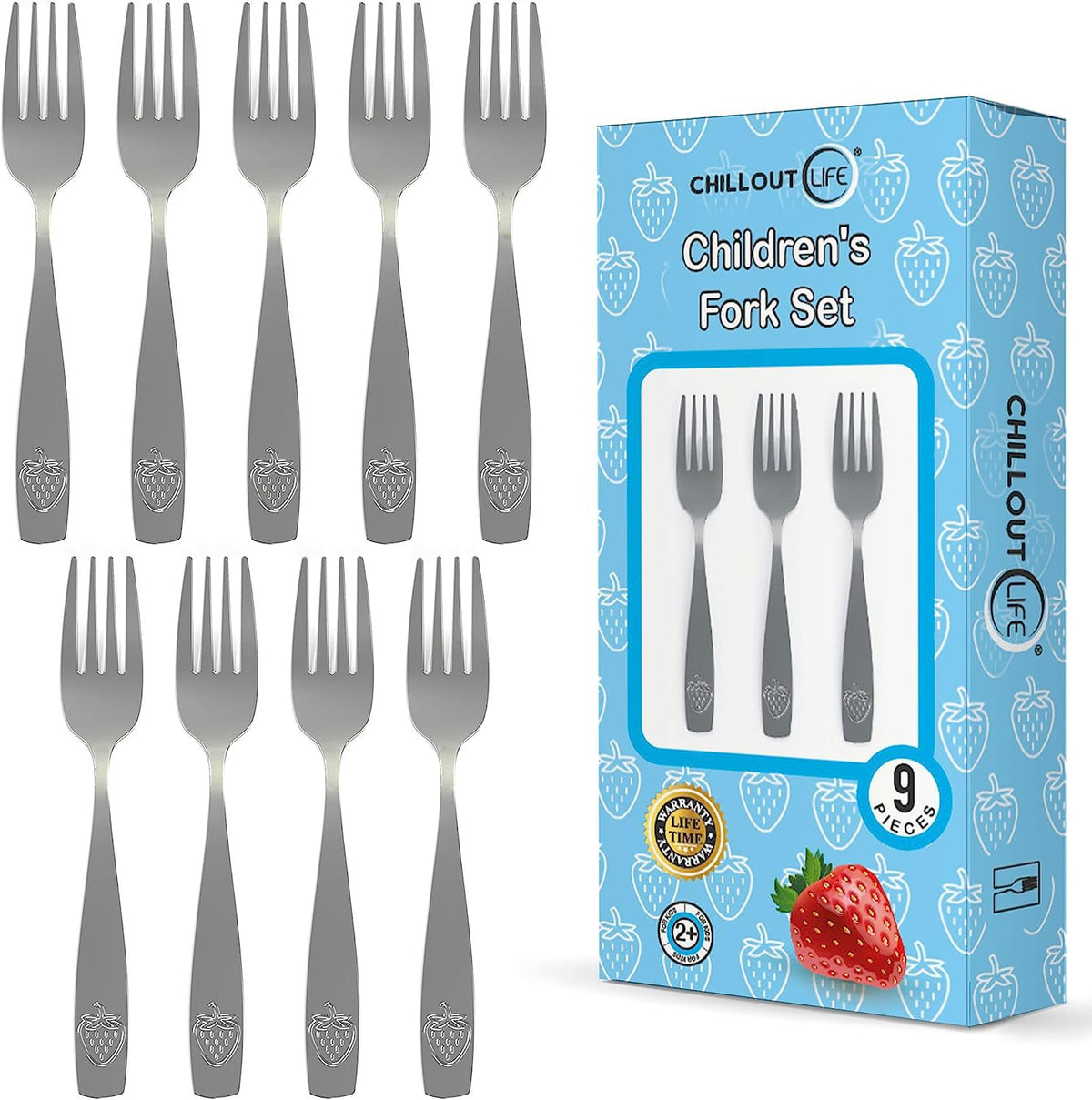 CHILLOUT LIFE 9 piece kids forks set packaging, ideal for gifting and home use