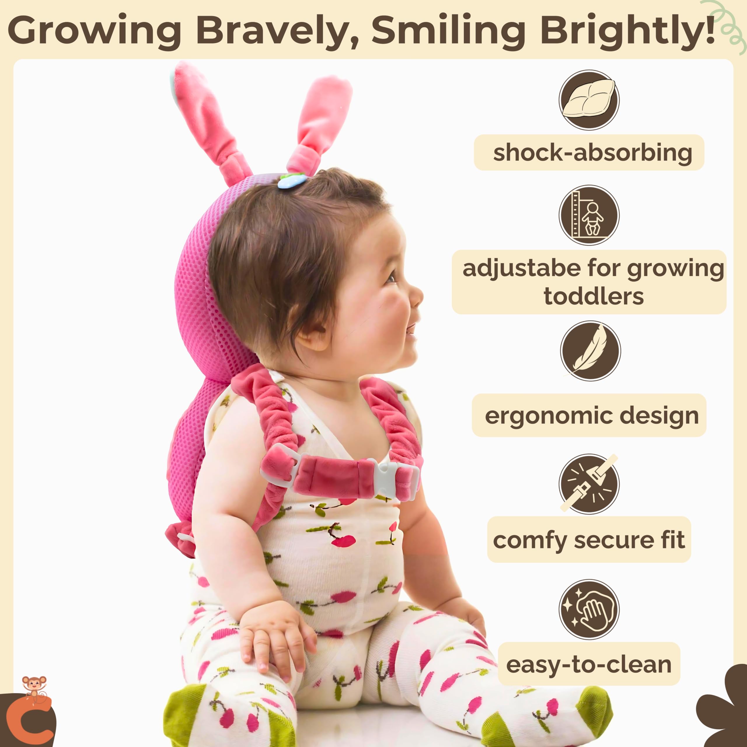Chimpish Rabbit head protection strap adjustment ensures a snug, growing fit during outings.