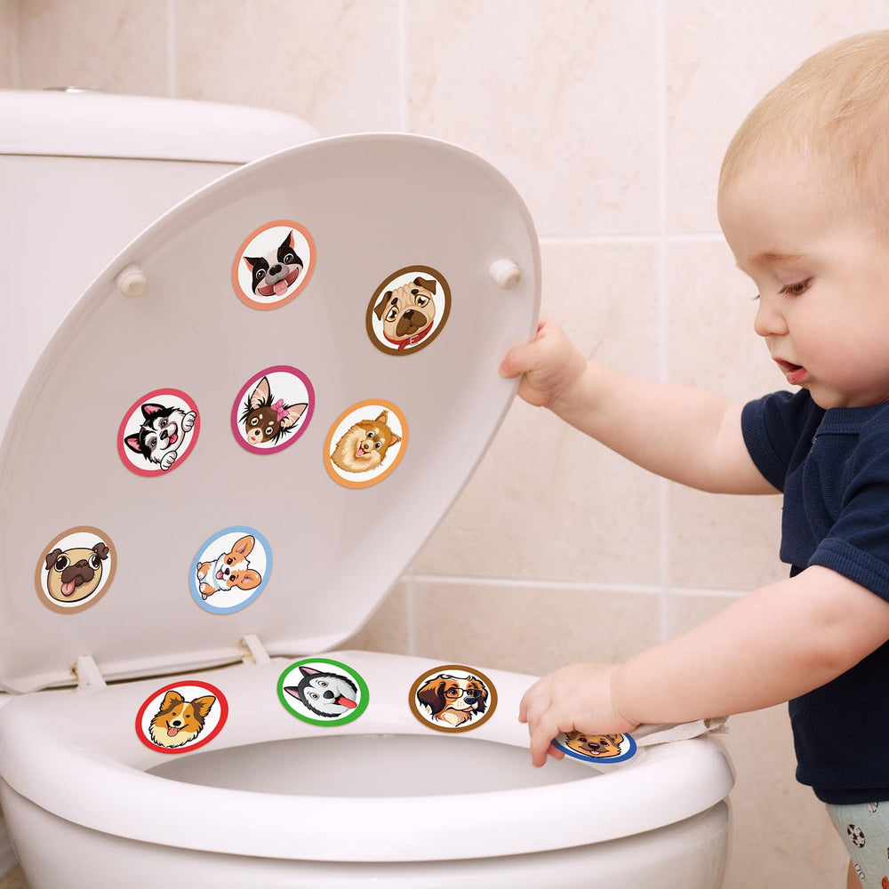 Chinco dog-pattern potty target dissolves in water after use for easy cleanup.