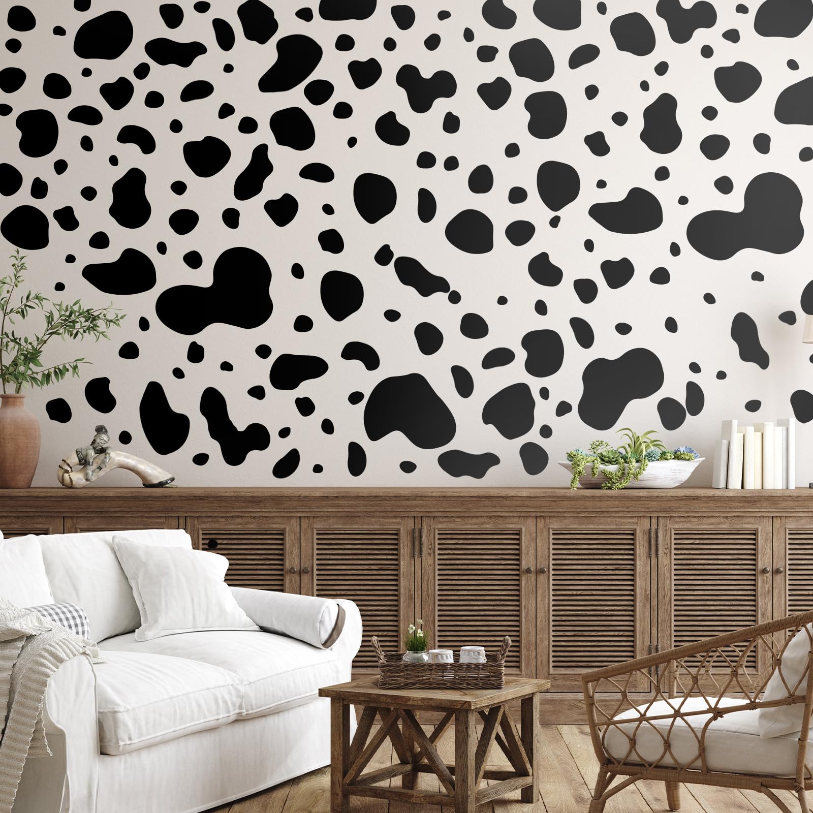 Chinco farmhouse living room decor showcase using cow print decals