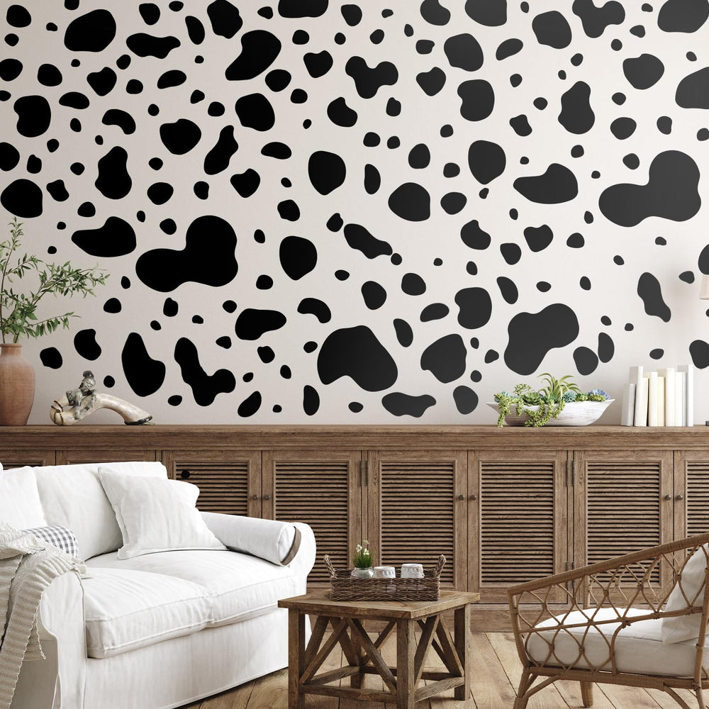 Chinco farmhouse living room decor showcase using cow print decals