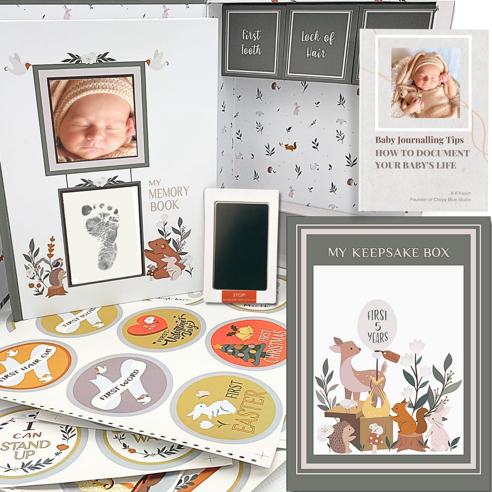 Chirpy Blue Studio baby memory book cover with photo windows ready to display milestones.