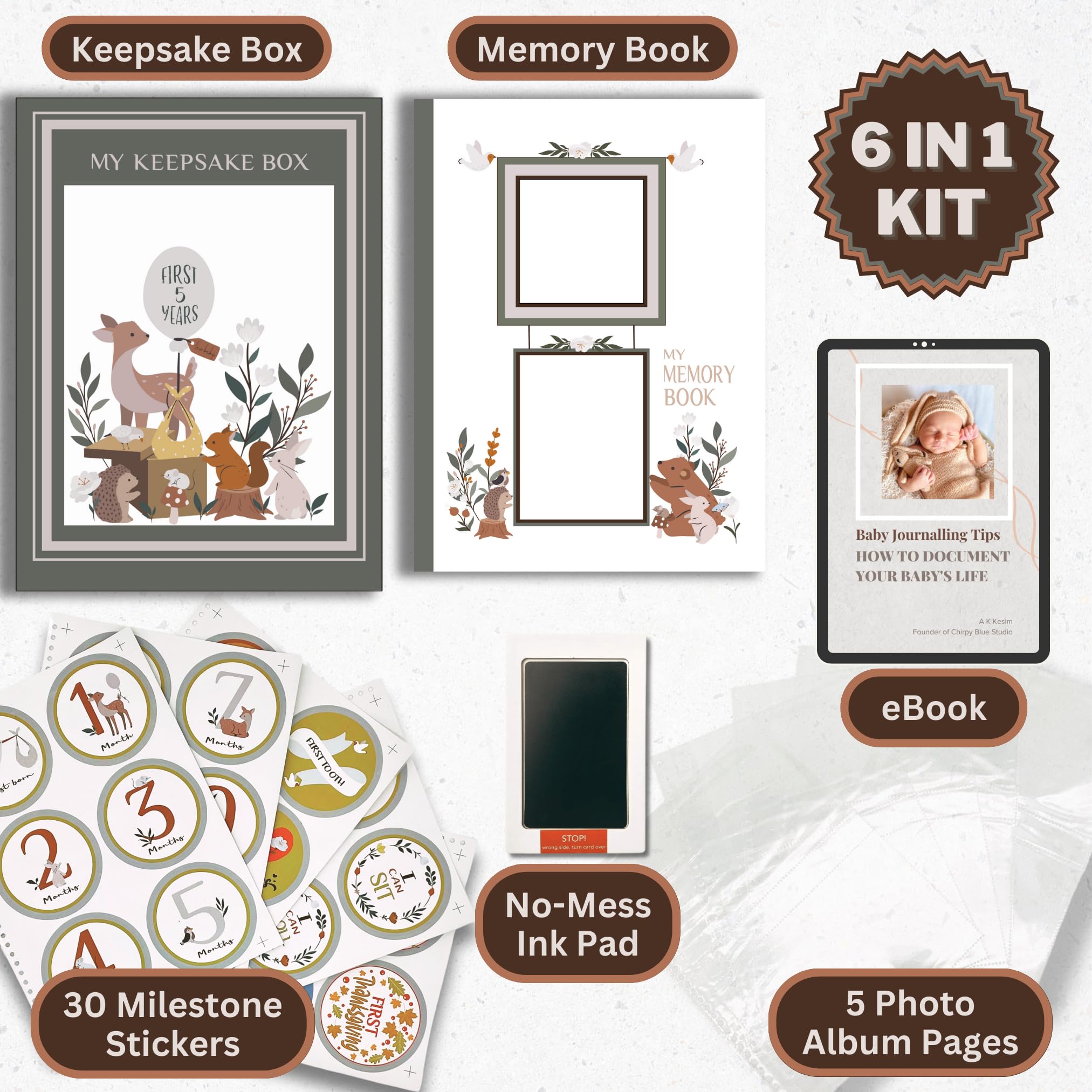 Chirpy Blue Studio keepsake box contents organized for a child’s first five years.
