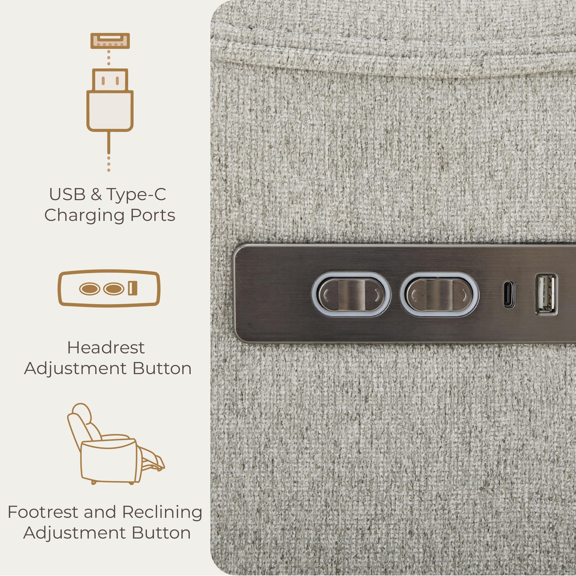 CHITA USB-C charging port integrated into reclining activator for on-the-go charging